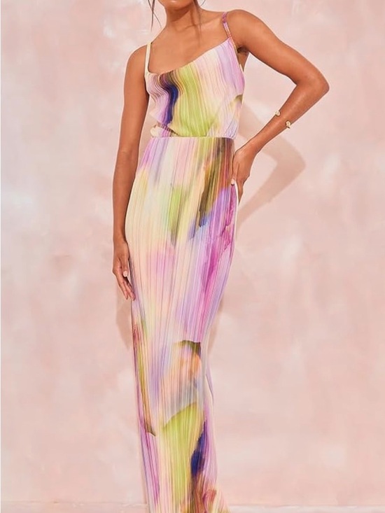 Dresses & Skirts - Pastel Pleated Slip Dress with Watercolor Print - Size L